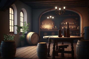 wine cellar with barrels, generative ai