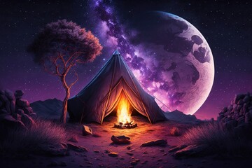 a camp on a night with a giant moon, generative AI