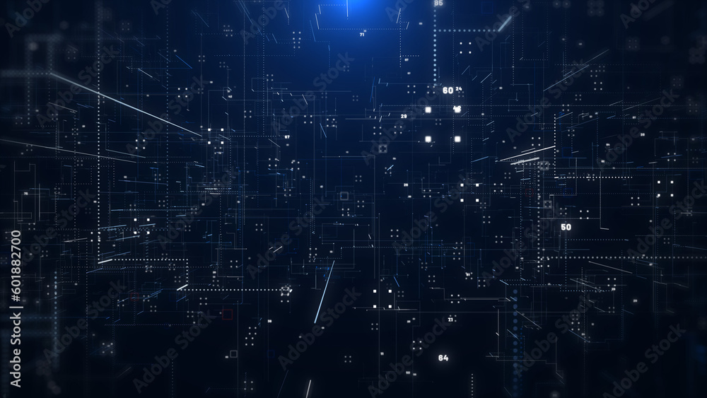 Aufkleber Technology digital line corner structure cyber data network connection concept. Abstract 3d futuristic fly trough areal view illustration background