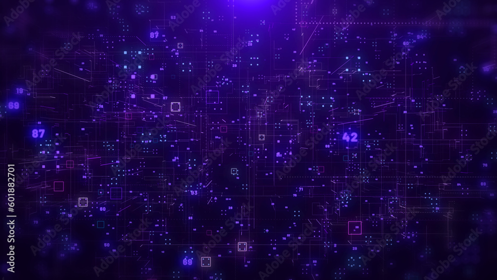 Fototapete Abstract digital big data structure futuristic network connection technology Illustration. Basic geometric shape with binary number code purple color background.