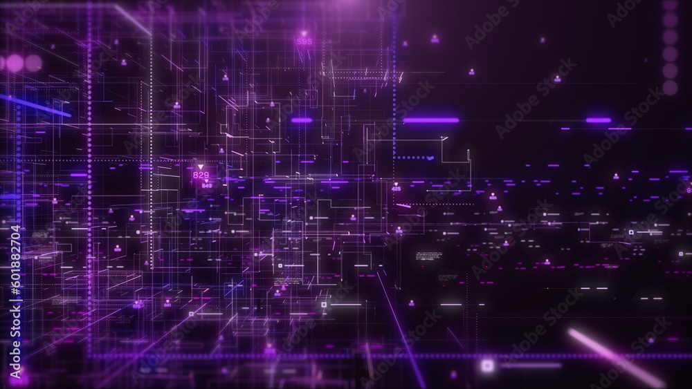 Poster Abstract technology background of digital big data simulation code, speed flicking, running line signal, hud interface system analysis dashboard illustration background.