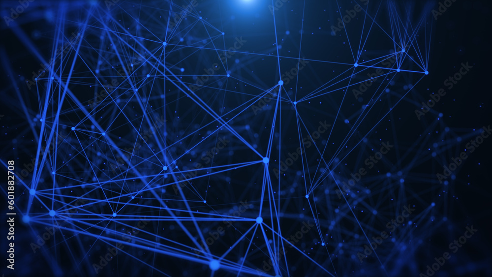 Aufkleber Abstract low polygonal blue cyberspace network connection flowing and moving object from left to right side. Plexus structure with horizontal flickering lens flare illustration background.