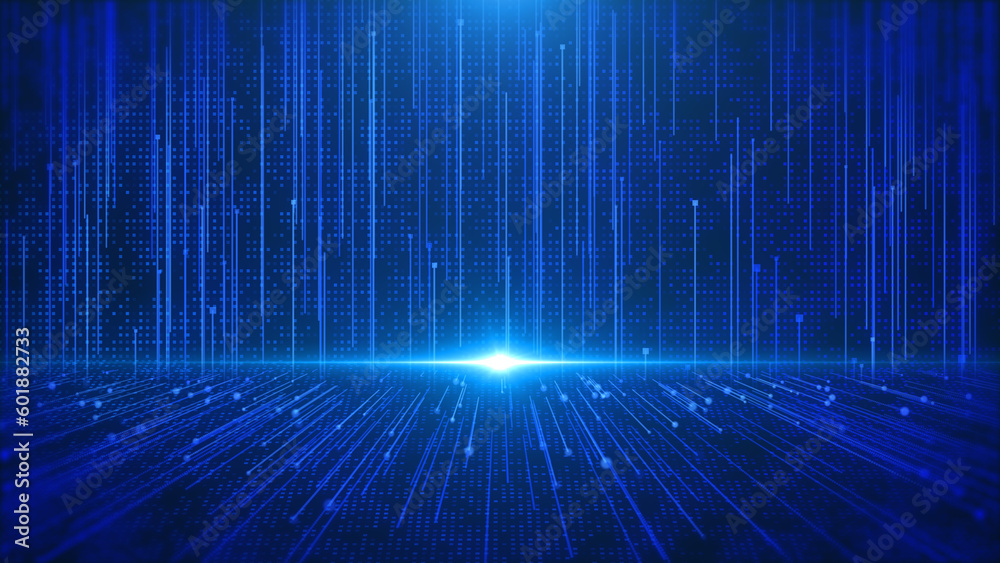 Aufkleber Technology blue line flow up and fly through moving in cyberspace concept. Big data stream line data transmission 3d futuristic illustration background