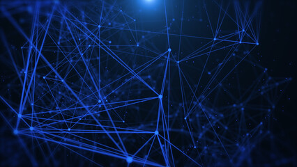 Abstract low polygonal blue cyberspace network connection flowing and moving object from left to right side. Plexus structure with horizontal flickering lens flare illustration background.
