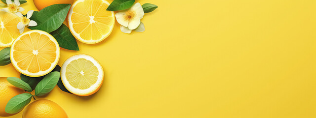 summer tropical background  with citrus fruits, leaves and flowers. Orange,  lemon, lime on yellow background. Summer concept. Flat lay, top view, copy space