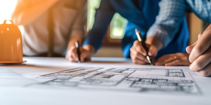 Person's engineer Hand Drawing Plan On Blue Print. Architects and engineer discussing at the table, team work and work flow construction concept.	