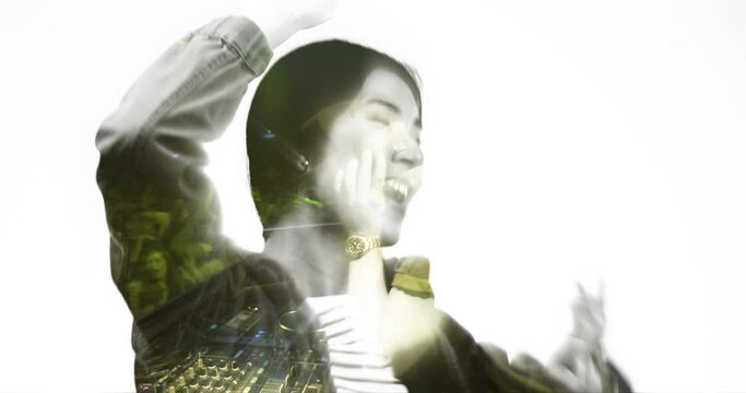 Woman, music and dance to DJ double exposure at a club party, festival or concert. Overlay, neon lighting and energy of excited asian person dancing with hands for celebration, freedom and happiness