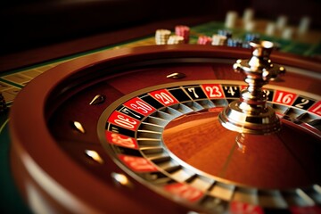 A casino roulette wheel ready to deal luck, macro detail. Ai generated.