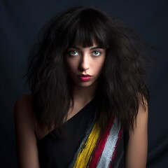 Fototapeta premium A young woman poses looking at the camera, like a model with black hair and red lips. Ai generated.