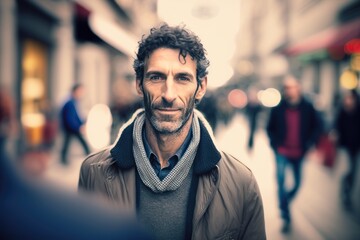 attractive man leaving work with a smile, street background. Ai generated.