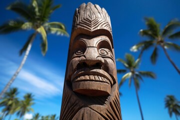 beautifully crafted wooden Tiki sculpture adorned with intricate Hawaiian religious motifs.Ai generated.