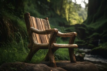 Amusing timber seat against lush verdant scenery. Generative AI