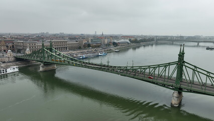 Aerial view of Budapest Szabadsag hid (Liberty Bridge or Freedom Bridge), connects Buda and Pest...