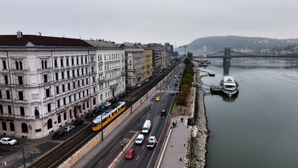 Aerial view of Budapest city skyline, cloudy day, Hungary