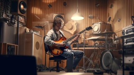Unrecognisable man playing the guitar in a music studio. Generative AI