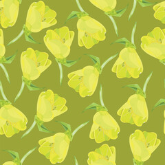 Seamless pattern with yellow bluebell buds on a khaki background