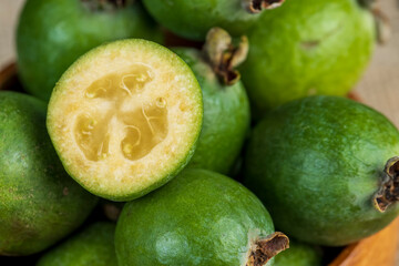 Delicious sweet and sour green feijoa on the table
