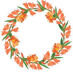 Round wreath of buds of orange lilies and gladiolus 