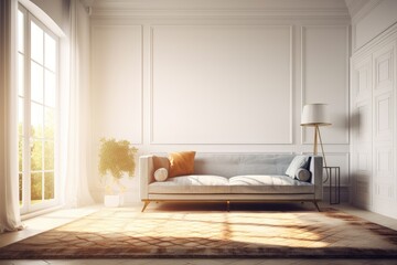 Photo of a cozy living room with a comfortable couch and a decorative rug