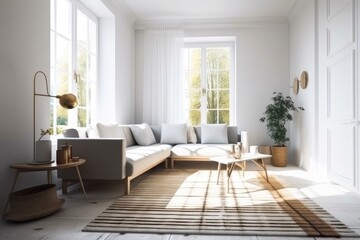 Fototapeta na wymiar Photo of a cozy living room with a white couch and yellow accent pillows