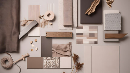 Creative flat lay composition with textile and paint samples, panels and cement tiles. Stylish interior designer moodboard. Light beige and gray color palette. Copy space. Template. - obrazy, fototapety, plakaty