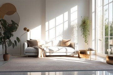 Photo of a cozy living room with a white couch and yellow accent pillows
