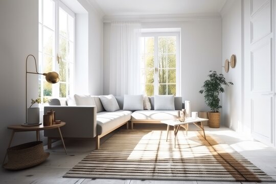 Photo of a cozy living room with a white couch and yellow accent pillows