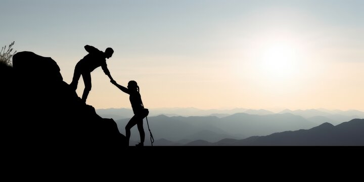 Photo of two climbers ascending a steep mountain slope, hope, work, superation