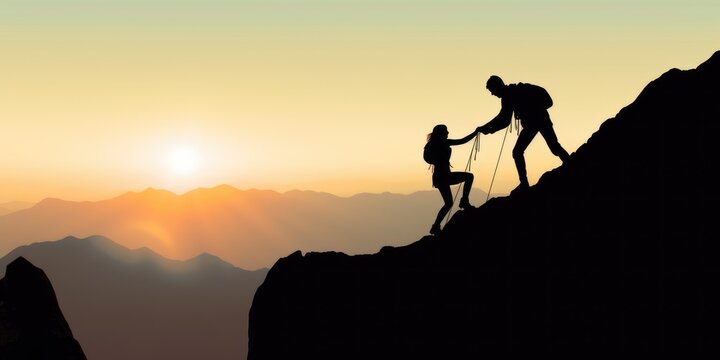 Photo of two climbers ascending a steep mountain slope, hope, work, superation
