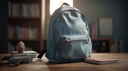 Backpack in calming blue hues holds school necessities on a wooden table amidst bookshelves. Generative AI