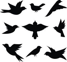 Set of 9 Black Bird Silhouette Designs for Creative Projects