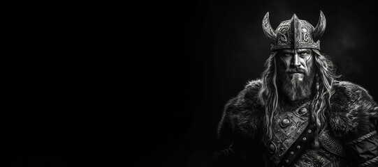 Black and white photorealistic studio portrait of a viking warrior on black background. Generative AI illustration