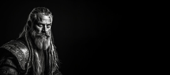 Fototapeta na wymiar Black and white photorealistic studio portrait of a viking warrior on black background. Generative AI illustration