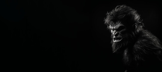 Black and white photorealistic studio portrait of a werewolf on black background. Generative AI illustration