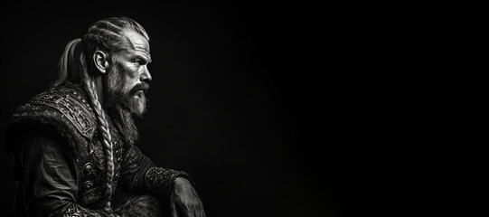 Black and white photorealistic studio portrait of a viking warrior on black background. Generative AI illustration
