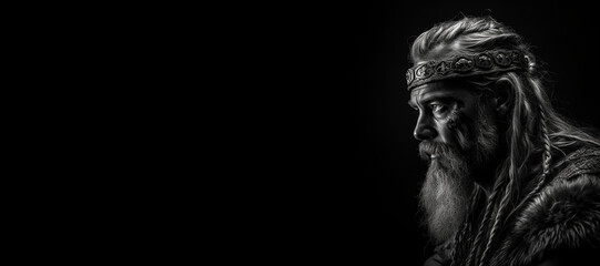 Fototapeta na wymiar Black and white photorealistic studio portrait of a viking warrior on black background. Generative AI illustration