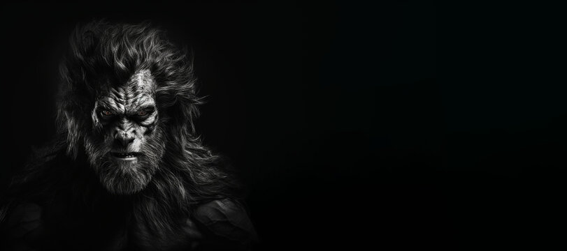 Black and white photorealistic studio portrait of a werewolf on black background. Generative AI illustration