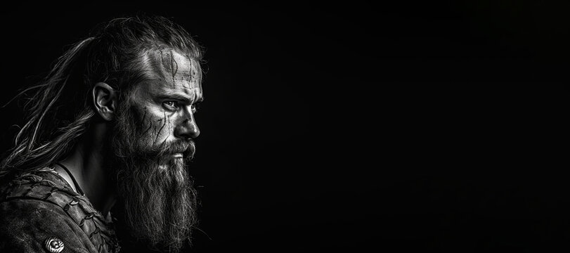 Black and white photorealistic studio portrait of a viking warrior on black background. Generative AI illustration
