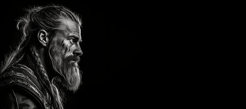 Black and white photorealistic studio portrait of a viking warrior on black background