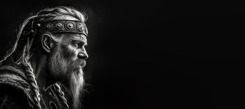 Black and white photorealistic studio portrait of a viking warrior on black background. Generative AI illustration