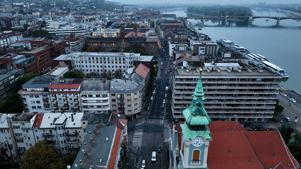 Aerial view of Budapest city skyline, cloudy day, Hungary