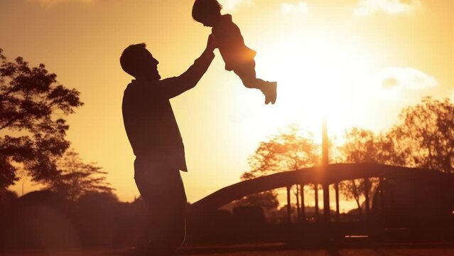 Dad, little child, Doka play, laugh, hug together in front of sky. Silhouette of baby, daddy. Father throws happy boy daughter into sky. 