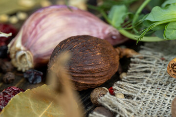 nutmeg and other spices mixed on the table
