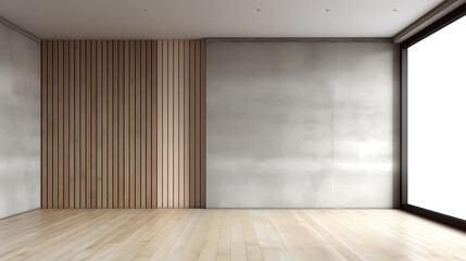 Empty room interior background, concrete wall and wooden paneling.