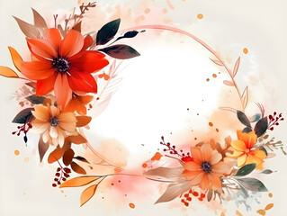 Watercolor floral circle frame illustration on white background created with Generative AI technology