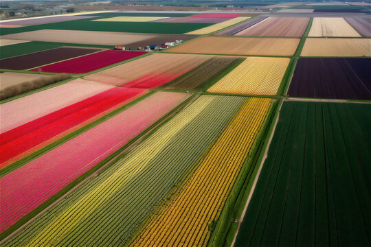 Aerial view of colorful tulip fields in springtime. AI generated content