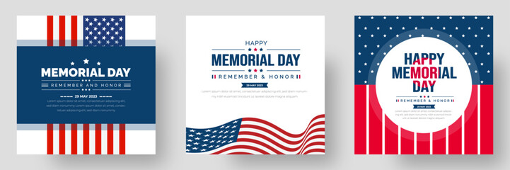 Memorial Day social media post banner set, Background or typography design set. Remember and Honor. National American holiday illustration. Vector Memorial day greeting card or background design.