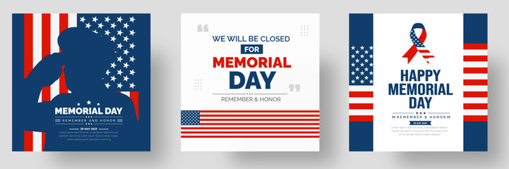 Memorial Day social media post banner set, Background or typography design set. Remember and Honor. National American holiday illustration. Vector Memorial day greeting card or background design. - obrazy, fototapety, plakaty