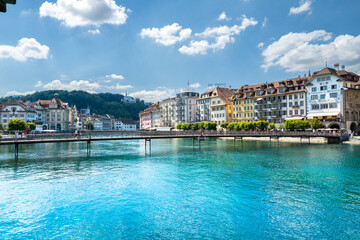 Switzerland travel - view of Lucerne and Rathaussteg pedestrian bridge