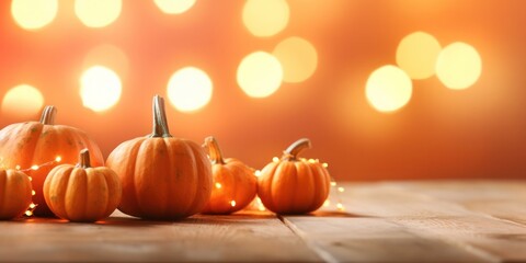 Ripe pumpkins on wooden table. Autumn background of the Thanksgiving greeting card. Space for copying. Generative AI.